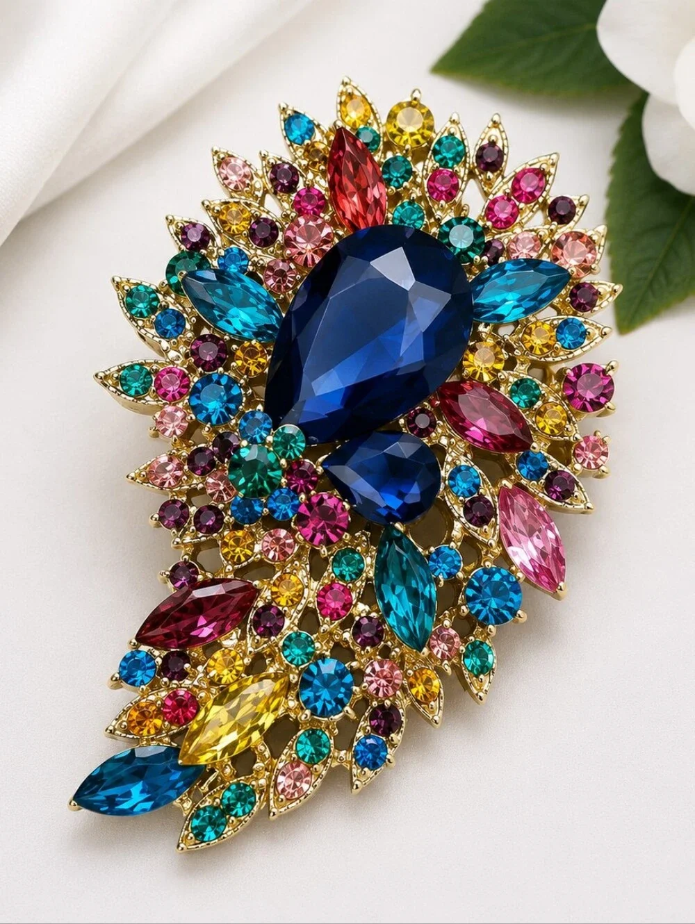 Statement Multicolor Rhinestone Brooch Pin | Blue Crystal Gold-Tone